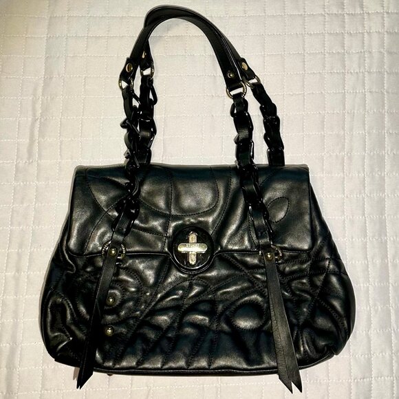 Stuart Weitzman Collection Black Leather Double Strap Turnlock Flap Shoulder Bag - Picture 11 of 16